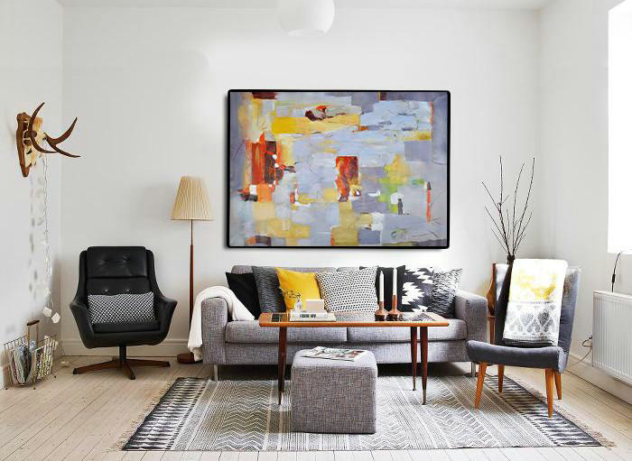 Handmade Painting Large Abstract Art,Oversized Horizontal Contemporary Art,Hand Paint Abstract Painting,Grey,Red,Yellow.etc